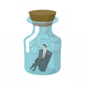 Businessman in glass jar. Boss in bottle. Desperate situations. Man sitting alone at bottom of vessel
