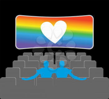 Gays in theater. Two blue men in cinema hall. Places for kisses on last row. Lovers watching movie. Romantic LGBT illustration. Heart rainbow symbol of homosexual love
