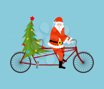 Santa Claus and Christmas tree ride bicycle. Christmas tandem. Old man in red suit and a fur-tree new year date. xmas template
