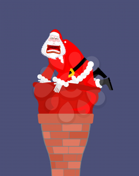 Santa Claus in chimney. Santa bag stuck in chimney. Big red sack with gifts does not fit
