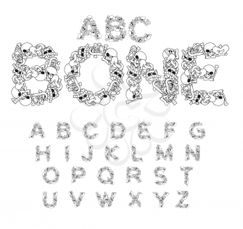 Bone ABC. Skeleton font. Letters anatomy. Skull and spine. Jaw and pelvis. Hell Scary alphabet
