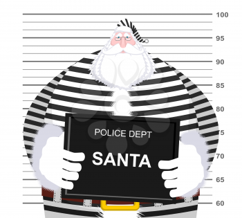 Mugshot Santa Claus at Police Department. Mug shot Christmas. Arrested Bad Santa in striped robe holding  black plate. Grandpa Photo Prisoner in custody for new year. offender portrait
