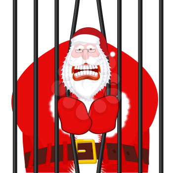 Santa Claus gangster. Christmas in prison. Window in prison with bars. Bad Santa prisoner criminal. New year is canceled. Jail break. 
