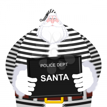 Mugshot Santa Claus at Police Department. Mug shot Christmas. Arrested Bad Santa in striped robe holding black plate. Grandpa Photo Prisoner in custody for new year. offender portrait
