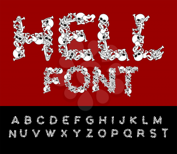 Hell font. Bones ABC. Skeleton Letters. Skull and spine. Jaw and pelvis. Scary alphabet
