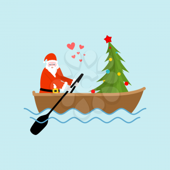 Santa Claus and Christmas tree on boat ride. Christmas riding on ondola on lake. Old man in red suit and fur-tree new year date.
