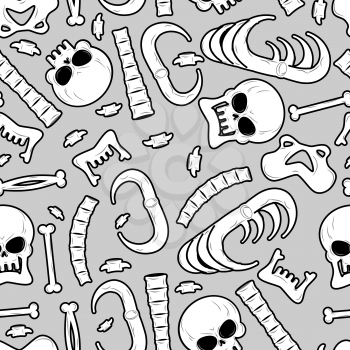 Bones seamless pattern. Skeleton background. Skull ornament. Anatomy texture. Hell pattern. Skull and spine. jaw and pelvis. Halloween template. Religion design
