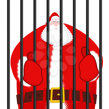 Santa Claus prisoner. Christmas in prison. Window in prison with bars. Bad Santa criminal. New year is canceled. Jail break
