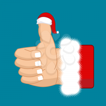 Like Santa. Thumb up. Symbol all right. success gesture. Red Christmas hat