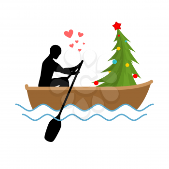 Christmas Lover. Man and Christmas tree ride in boat. Lovers of sailing. Man rolls gondola. Rendezvous in boat on  pond. Romantic New Year illustration
