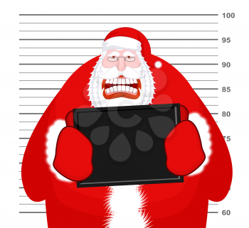 Mugshot Santa Claus at Police Department. Mug shot Christmas. Arrested Bad Santa holding black plate. Grandpa Photo Prisoner in custody for new year. offender portrait
