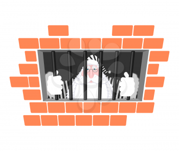 Santa Claus prison in striped robe. Window in prison with bars. Bad Santa criminal. New year is canceled. Christmas Jail 