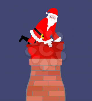 Santa Claus in chimney. Santa bag stuck in chimney. Big red sack with gifts does not fit
