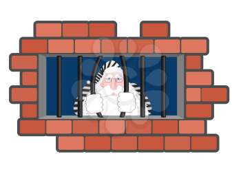 Santa Claus Jail. Window in prison with bars. Bad Santa criminal. New year is canceled. Christmas prison in striped robe