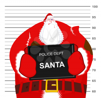 Santa Claus beaten at police department. Christmas fight. Bad Santa criminal. Broken glasses and black eye. Torn clothes. Bruises and abrasions. 
