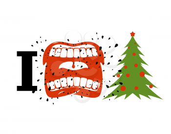 I hate Christmas. shout symbol of hatred and Christmas tree. Aggressive Open mouth. Yelling and cursing. I do not like New year