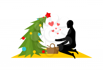 Christmas Lover. Christmas tree at picnic. Rendezvous in Park. Meal in nature. Plaid and basket for food on lawn. Romantic New Year date
