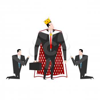 KING Boss Worship. Manager praying to chief. Businessman kneeling in front of director of emperor in crown. Allegory illustration for magazine business
