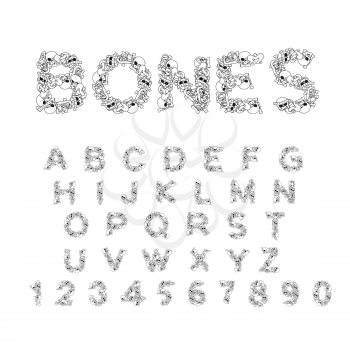 Bones alphabet. Letters anatomy. Skeleton font. Skull and spine. Jaw and pelvis. Hell Scary ABC
