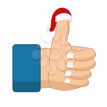 Like Santa Claus. Thumb up. Symbol all right. success gesture. Red Christmas hat