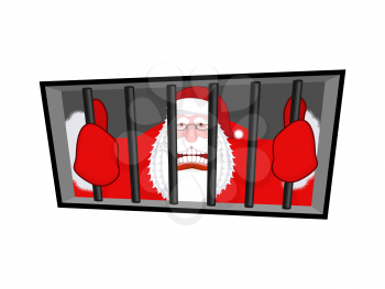 Santa Claus gangster. Christmas in prison. Window in prison with bars. Bad Santa prisoner criminal. New year is canceled. Jail break. 
