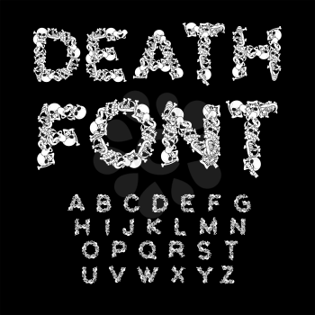 Death font. Bones ABC. Skeleton alphabet. Letters anatomy. Skull and spine. Jaw and pelvis. Hell Scary 
