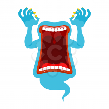 hungry ghost. Scary spook. Horrible ghost frightening screams. Phasing blue monster with an open mouth. Wild howl. 