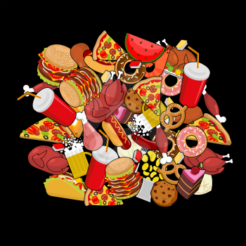 Fast Food doodle. many feed. Pile sign of meat. Pizza and tacos. French fries and  hamburger. Hotdog and cookies. Baked turkey and watermelon. Pork and cake. Donuts and dumplings
