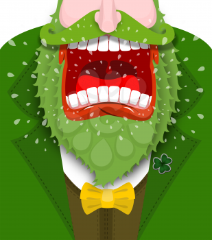 Leprechaun shout. Angry dwarf shout. Scary Gnome green beard shouts. grandfather in green coat. Open your mouth and teeth. Illustration for St. Patricks Day. National Holiday in Ireland
