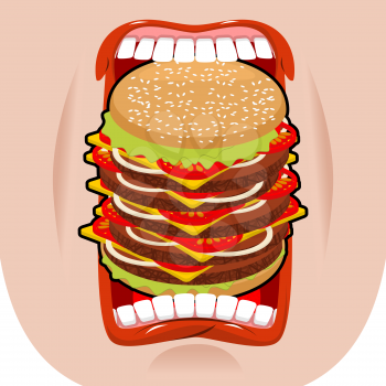 Big hamburger mouth. Strong hunger. Great burger and open mouth. Breaking lips and dislocated jaw.
