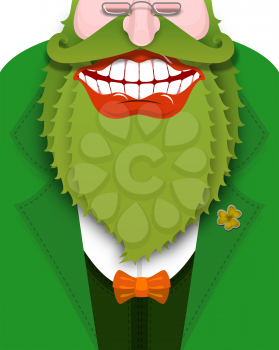 Cheerful leprechaun with green beard. Good gnome with big smile. Old coat with bow tie. Illustration for St. Patricks Day. National Holiday in Ireland
