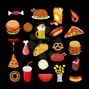 Food set. feed Icon Collection. Signs meat. Pizza and tacos. French fries and a hamburger. Hotdog and cookies. Baked turkey and watermelon. Pork and cake. Donuts and dumplings
