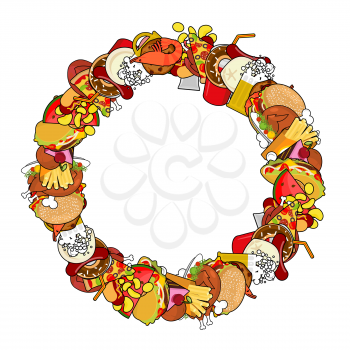 Fast Food ring frame. Background of feed. Edible circle cadre. Pizza and tacos. French fries and hamburger. Hotdog and cookies. Baked turkey and watermelon. Pork and cake. Donuts and dumplings