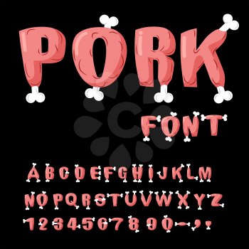 Pork font. Beef alphabet. Meat on bones of lettering. Ham ABC. Set Bacon letters. steak typography