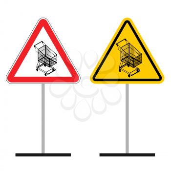 Warning sign of attention shopping cart. Dangers yellow sign Empty shopping trolley. Supermarket shopping in  red triangle. Set of road signs