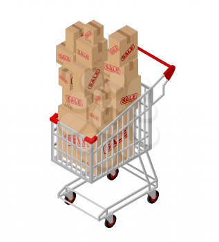 Shopping cart and box sale isometric. Shopping at supermarket. Many boxes. Large number of purchases. Discounts on goods. Sales in store
