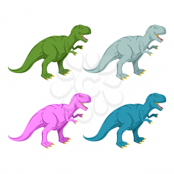 Dinosaur multicolored set. Pink Tyrannosaurus Rex. Blue prehistoric reptile. Ancient predator. Animal Jurassic with big teeth. Aggressive beast. Terrible, angry lizard Polynesian era