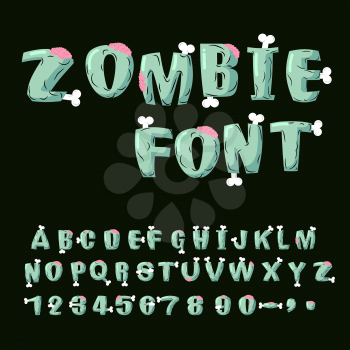 Zombie font. Bones and brains. Living dead alphabet. Green terrible letter. horror ABC. Sinister lettring. Scary set of letters
