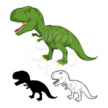 Green gigantic Dinosaur Tyrannosaurus Rex. Prehistoric reptile. Ancient predator. Animal Jurassic with big teeth. Aggressive beast. Terrible, angry lizard Polynesian era.  