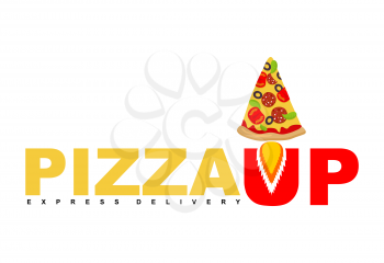 Pizza Up logo for pizza delivery. Fast shipping Fast food. Pizza rocket flies upwards.