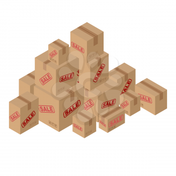 Sale of lot of cardboard boxes. Set of paper packaging for goods. Many shopping. Discounts on goods. Sales in store