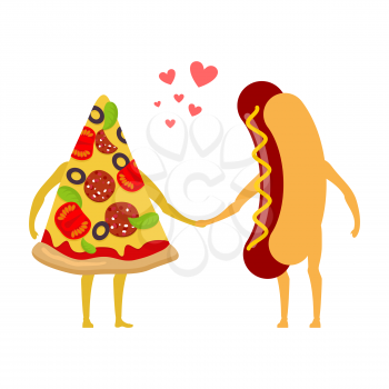Pizza and hot dog love. Piece of pizza and sausage holding hands. Romance fast food. I love food.