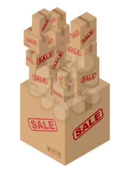 Sale of lot of cardboard boxes. Set of paper packaging for goods. Many shopping. Discounts on goods. Sales in store