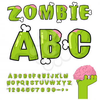 Zombie ABC. Bones and brains. horror monstr font. Living dead alphabet. Green terrible letter. Sinister lettring. Scary set of letters
