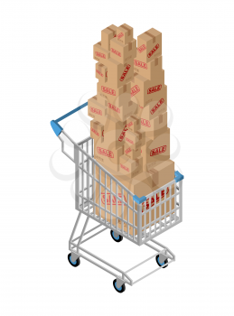 Shopping cart and box sale. Shop at supermarket. Many boxes. Large number of purchases. Discounts on goods. Sales in store