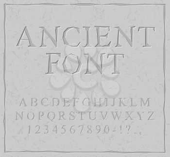 Ancient font. Carved on stone plate alphabet. Prehistoric alphabet. Antique set of letters
