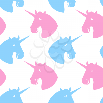 Unicorn seamless pattern. Blue fabulous beast with horn ornament. Pink magic animal background. Texture of fabric
