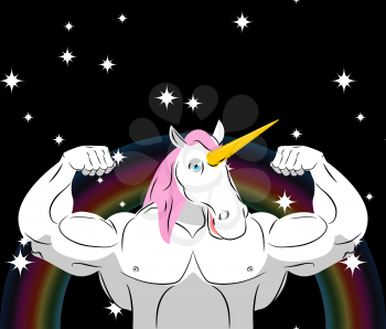 Unicorn Strong athlete. Magic pet bodybuilder with huge muscles. Bodybuilder with big biceps. Sports team mascot
