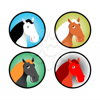 Horse icons set. Head of animal with multi-colored mane. Different breeds of horses
