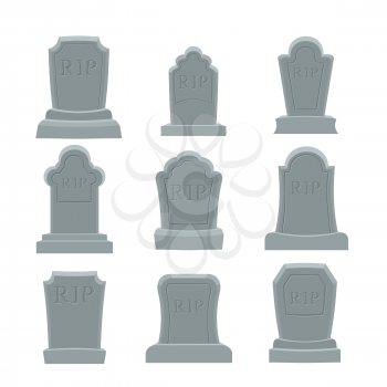 Tomb set. Ancient RIP. Collection of gravestones. Grave on white background
